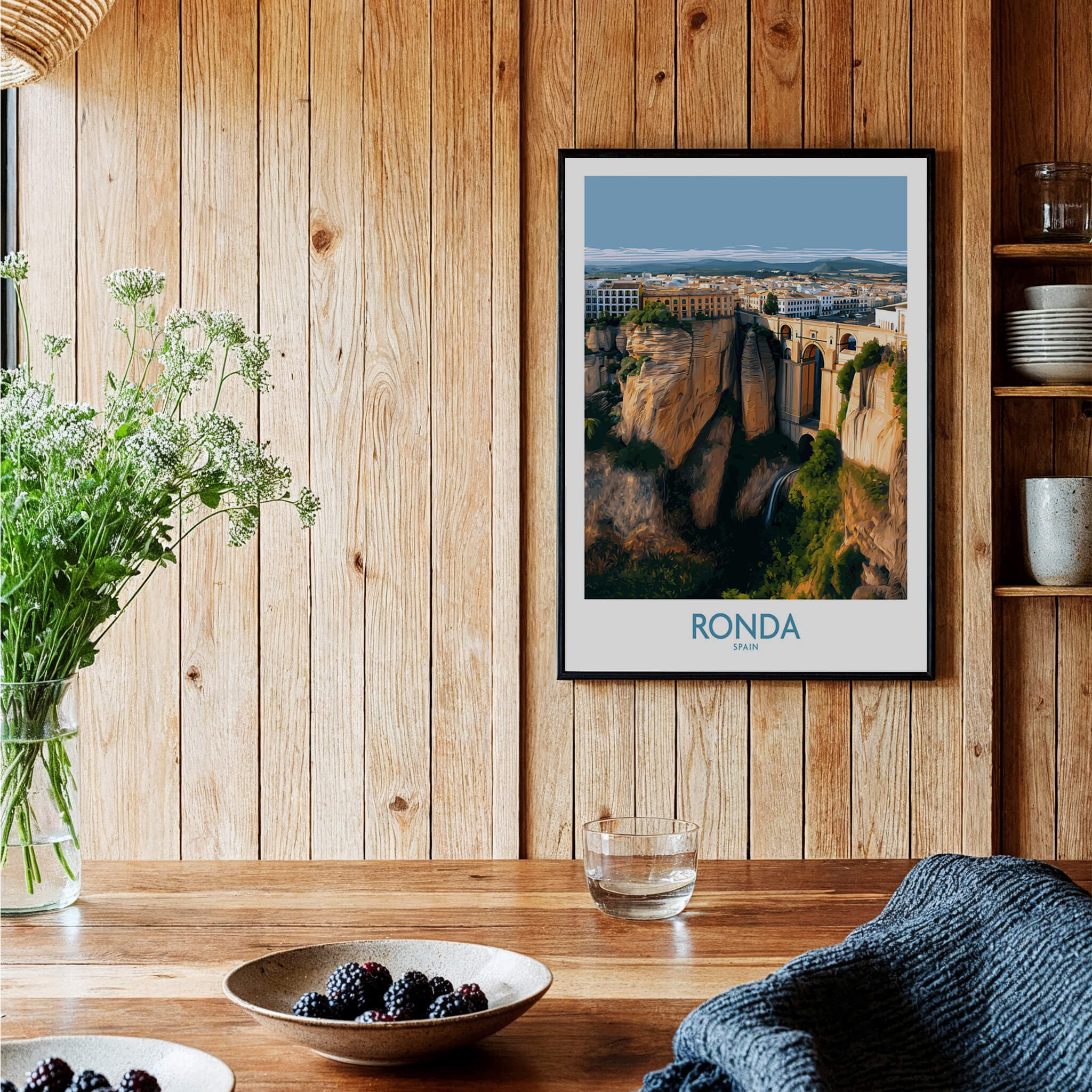 Ronda Spain Poster | Stunning Gorge Landscape Scene Canvas Print displayed in a rustic home setting with natural light.