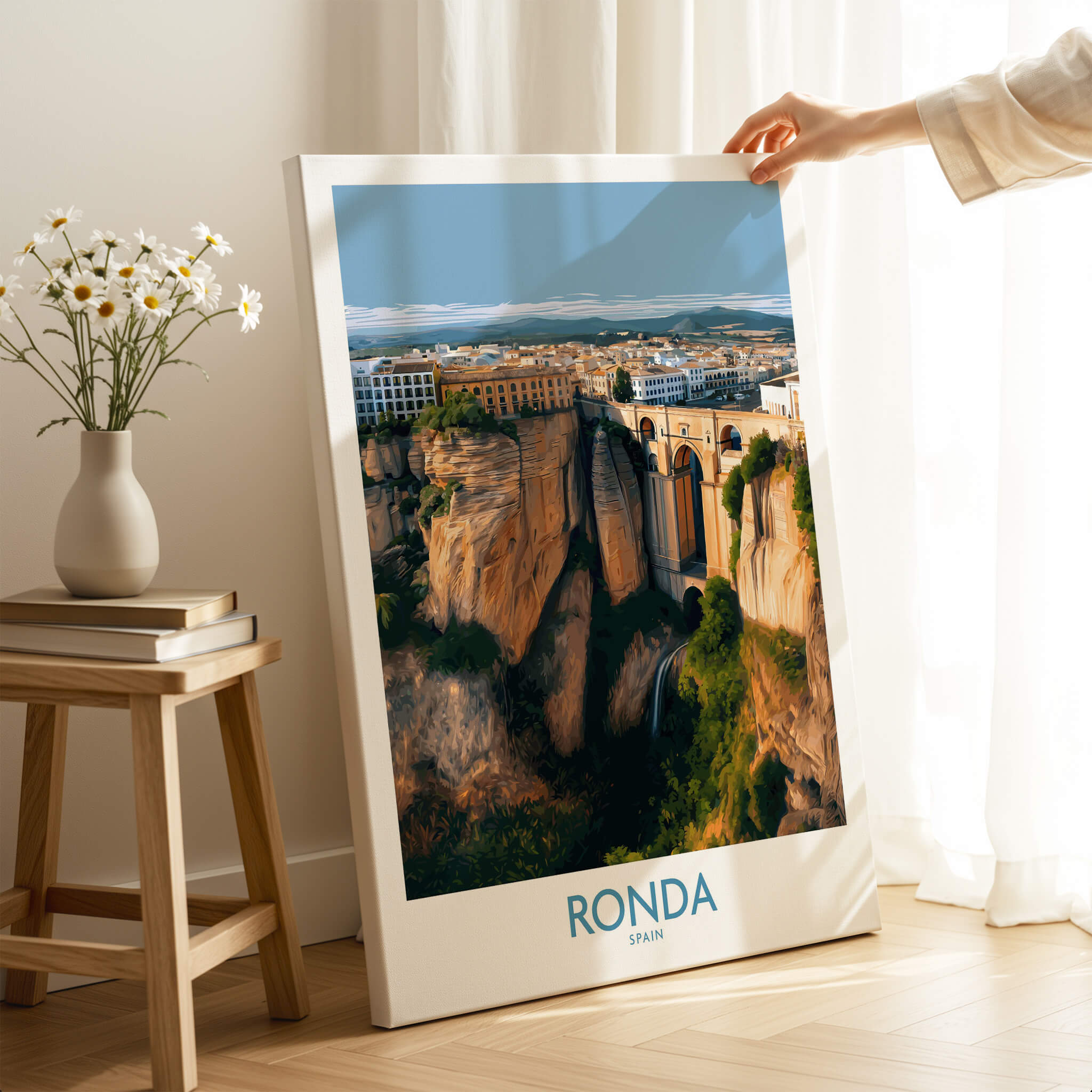 Ronda Spain Poster | Stunning Gorge Landscape Scene Canvas Print displayed in an elegant room with natural light.