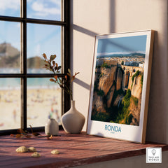 Ronda Spain Poster | Stunning Gorge Landscape Scene Canvas Print displayed on a table near a window.