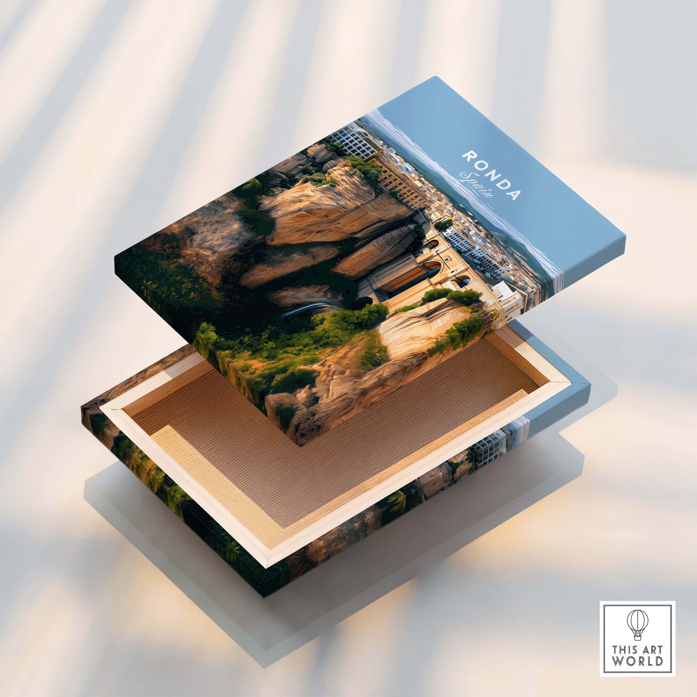Ronda Spain Wall Art Print | Panoramic Andalusian Cityscape Travel Poster on a decorative box.