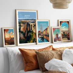 Ronda Spain Wall Art Print | Panoramic Andalusian Cityscape Travel Poster displayed in a stylish home setting.