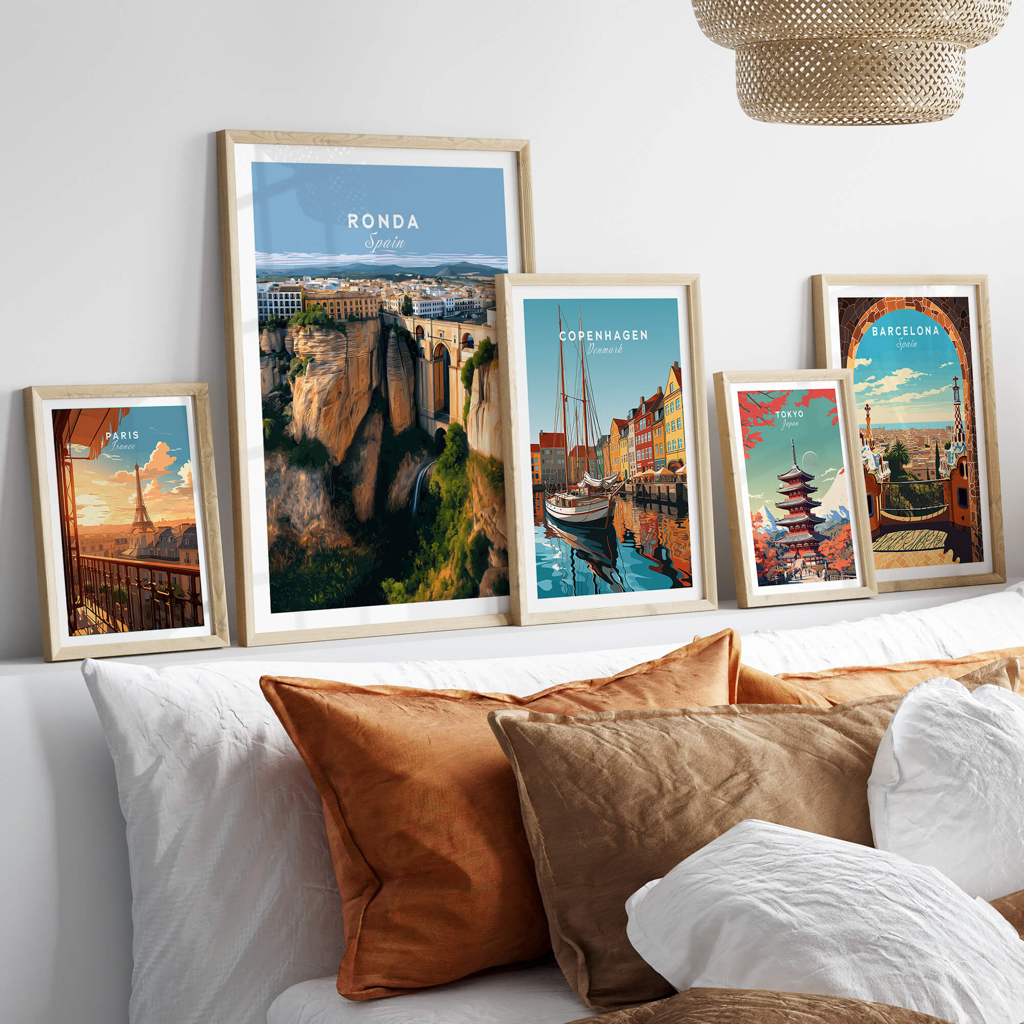 Ronda Spain Wall Art Print | Panoramic Andalusian Cityscape Travel Poster displayed in a stylish home setting.