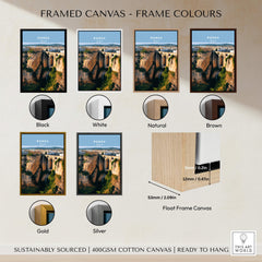 Ronda Spain Wall Art Print | Panoramic Andalusian Cityscape Travel Poster framed canvas options in various colors.