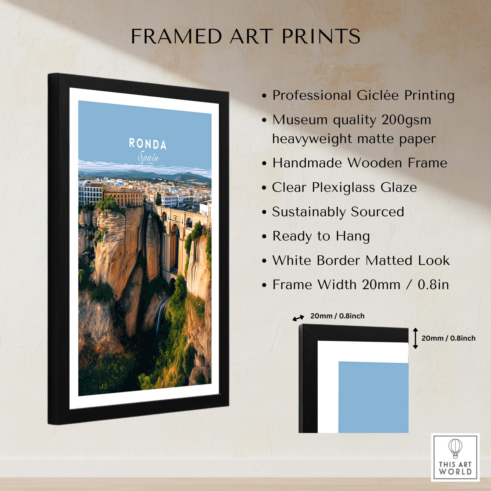 Ronda Spain Wall Art Print | Panoramic Andalusian Cityscape Travel Poster displayed in a modern framed art setup.