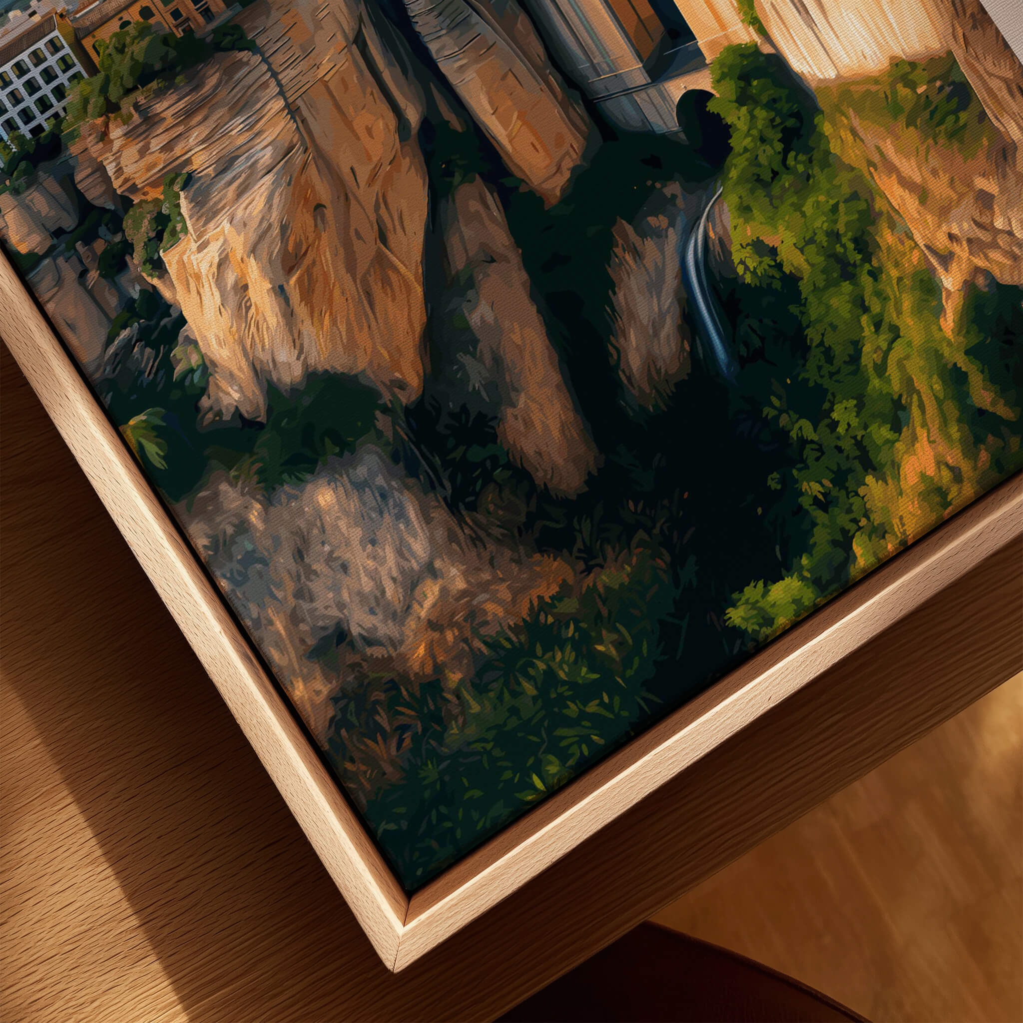 Ronda Spain Wall Art Print | Panoramic Andalusian Cityscape Travel Poster, depicting picturesque cliffs and lush greenery.