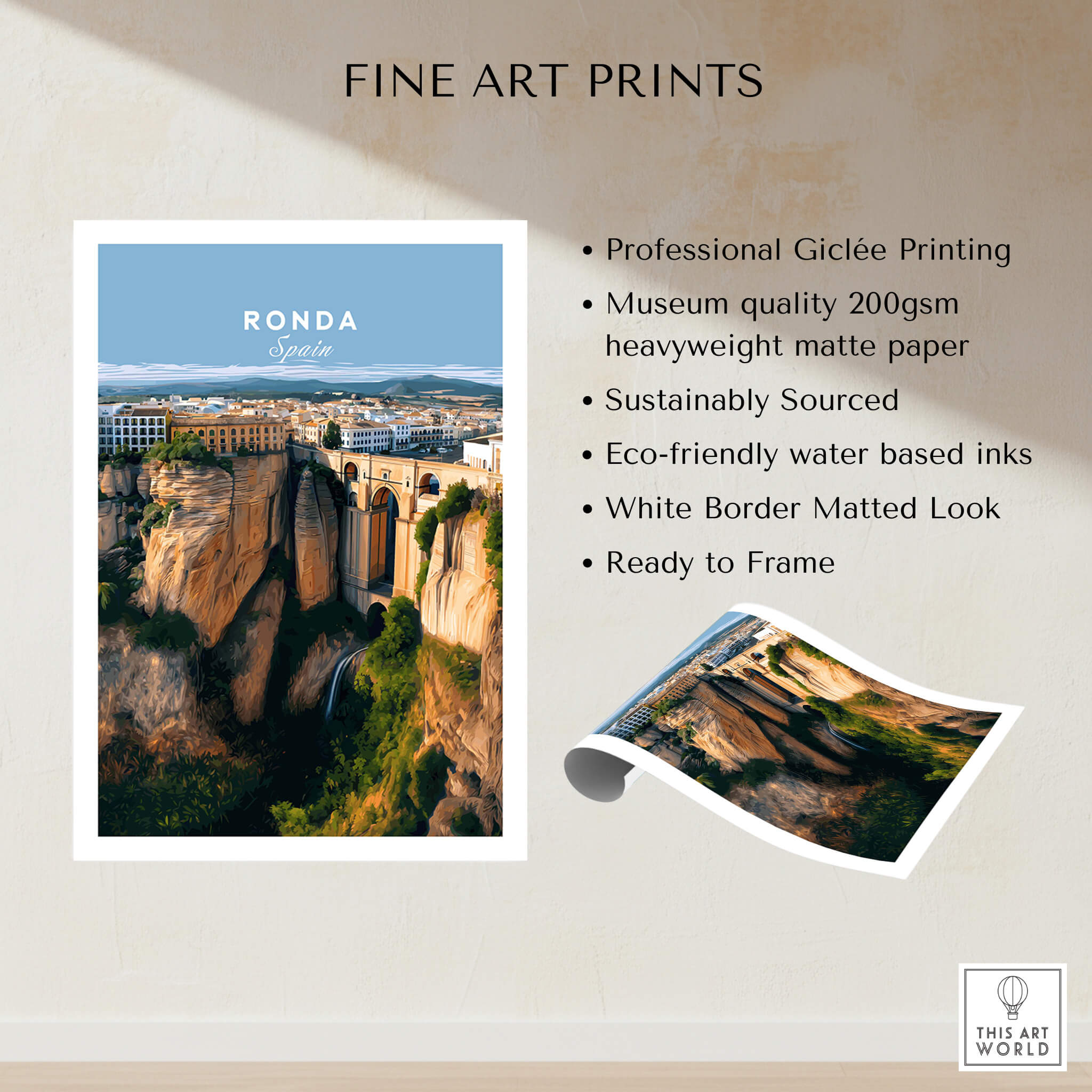 Ronda Spain Wall Art Print | Panoramic Andalusian Cityscape Travel Poster featuring panoramic view of Ronda.