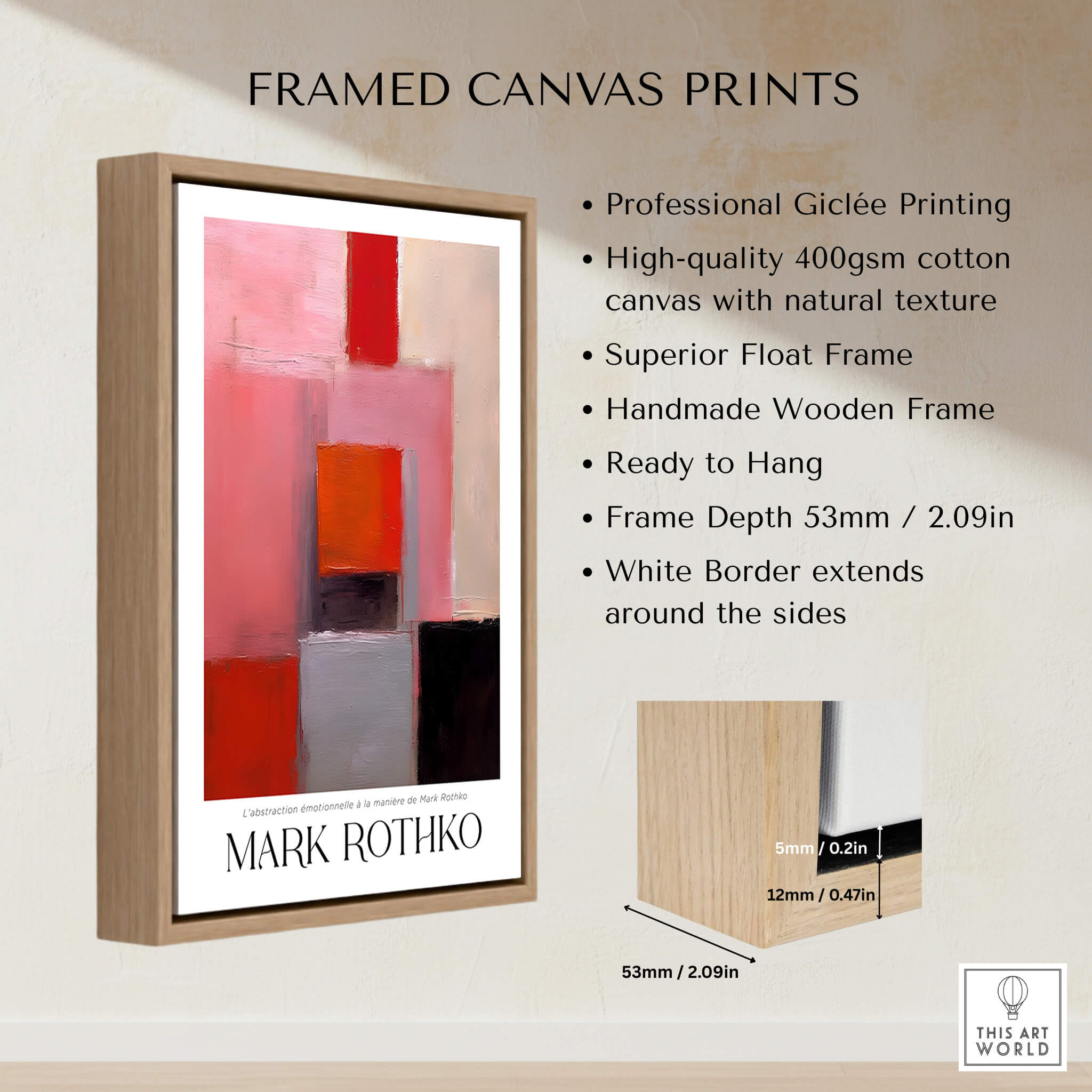 Rothko Inspired Abstract Pink and Red Art Print | Emotional Abstraction Poster framed canvas print with natural texture