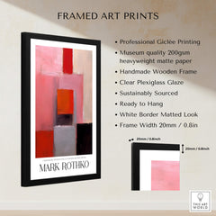 Rothko Inspired Abstract Pink and Red Art Print | Emotional Abstraction Poster framed with detailed product features.
