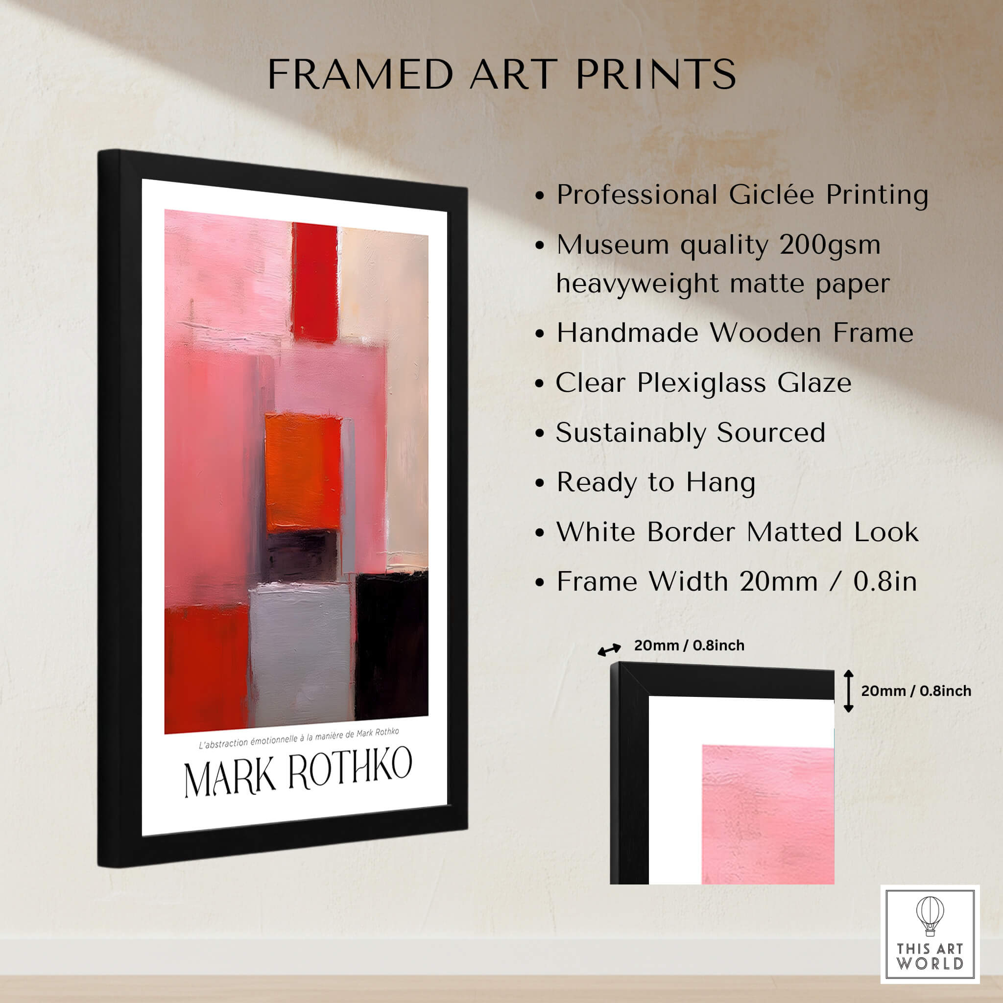 Rothko Inspired Abstract Pink and Red Art Print | Emotional Abstraction Poster framed with detailed product features.