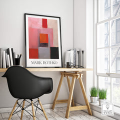 Rothko Inspired Abstract Pink and Red Art Print | Emotional Abstraction Poster displayed in a modern workspace.