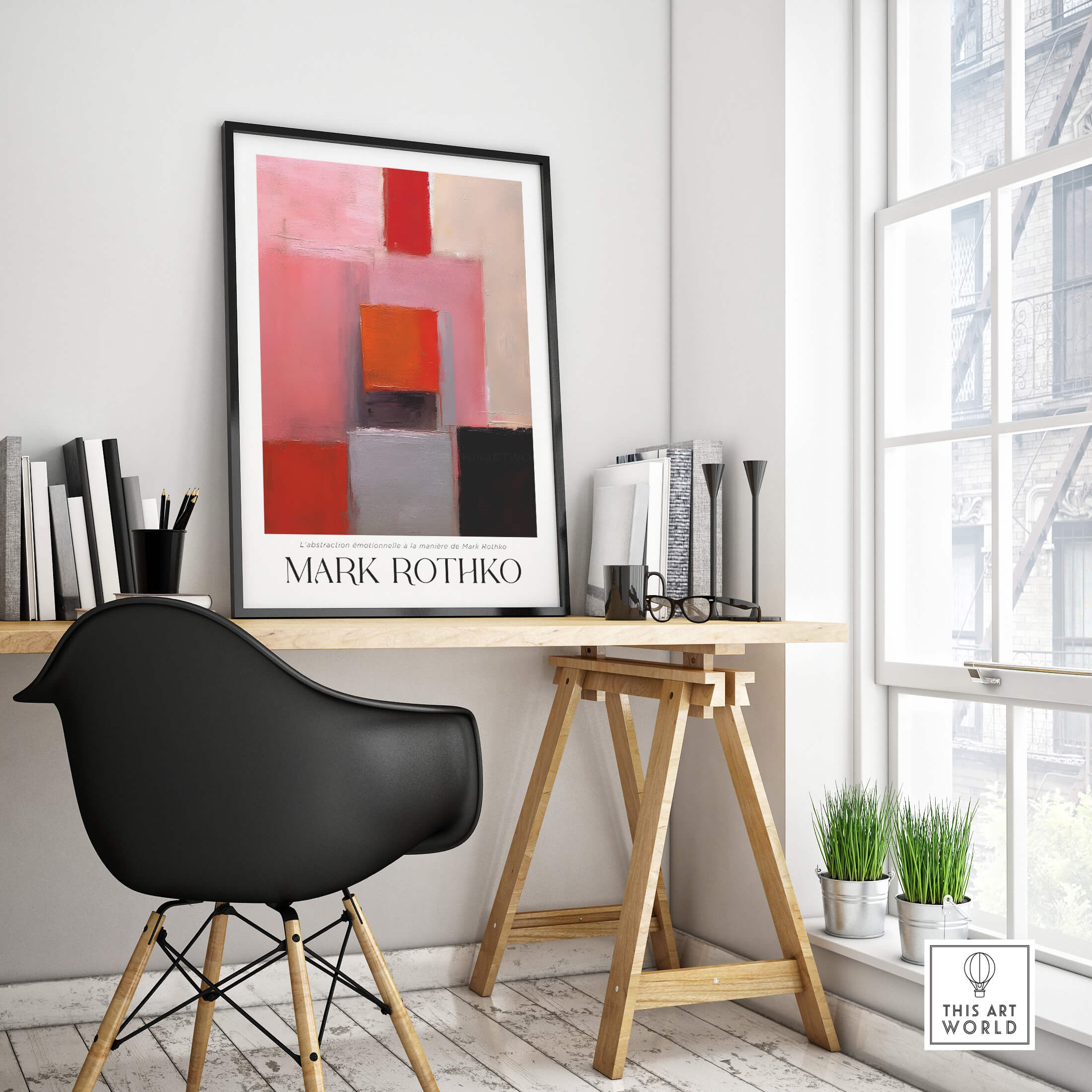 Rothko Inspired Abstract Pink and Red Art Print | Emotional Abstraction Poster displayed in a modern workspace.