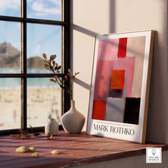 Rothko Inspired Abstract Pink and Red Art Print | Emotional Abstraction Poster displayed on a windowsill with beach view.