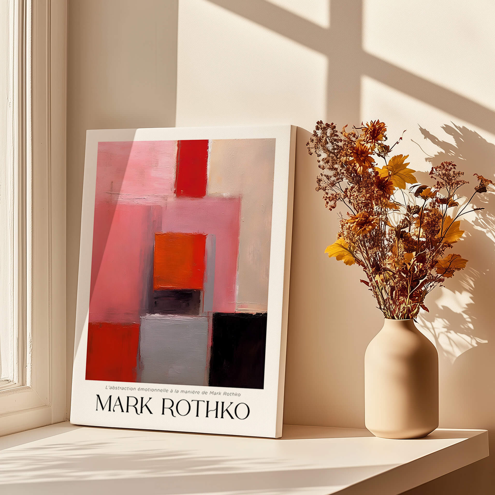 Rothko Inspired Abstract Pink and Red Art Print | Emotional Abstraction Poster displayed on a sunlit surface.