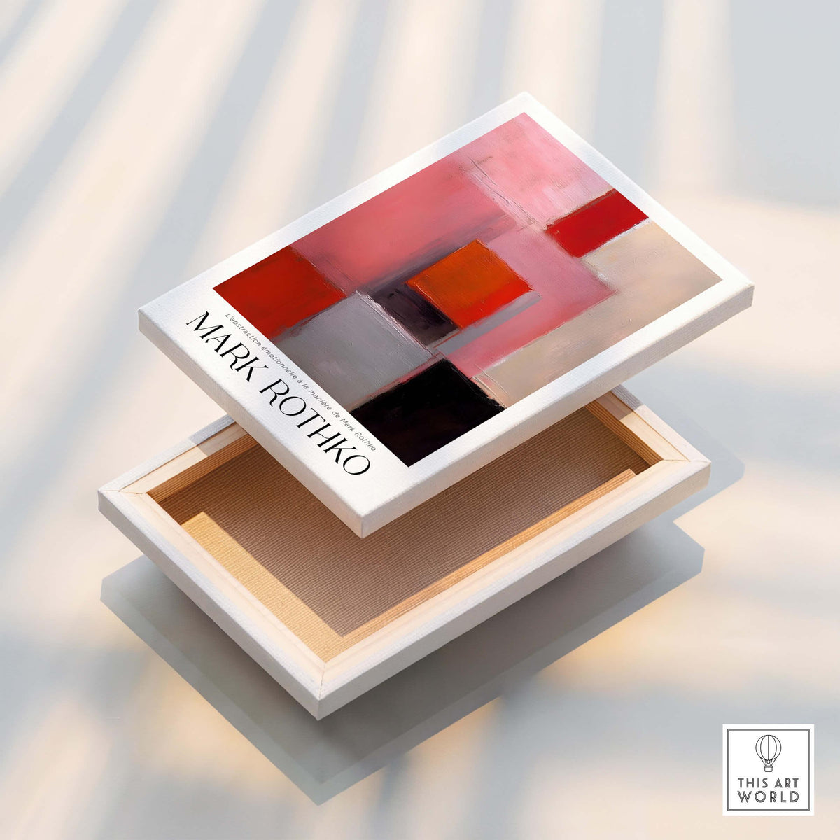 Rothko Inspired Abstract Pink and Red Art Print | Emotional Abstraction Poster displayed on a decorative box.