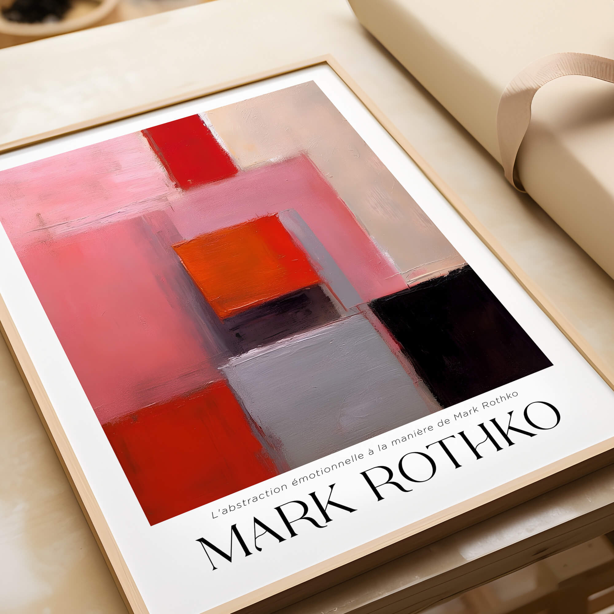 Rothko Inspired Abstract Pink and Red Art Print | Emotional Abstraction Poster displayed on a table.