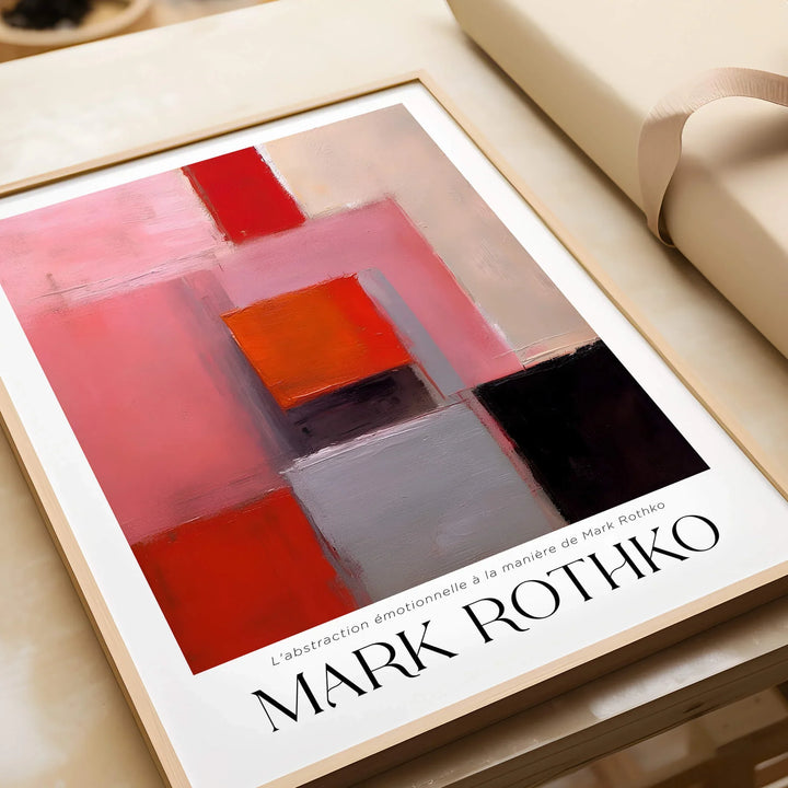 Rothko Inspired Abstract Pink and Red Art Print | Emotional Abstraction Poster displayed on a table.