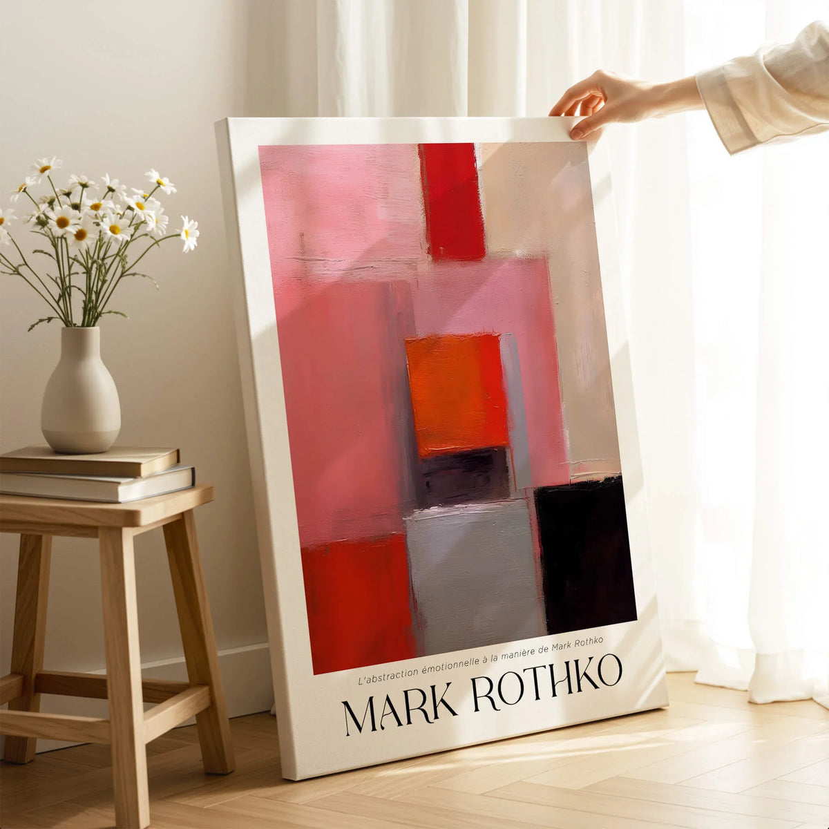 Rothko Inspired Abstract Pink and Red Art Print | Emotional Abstraction Poster displayed in a cozy room setting.