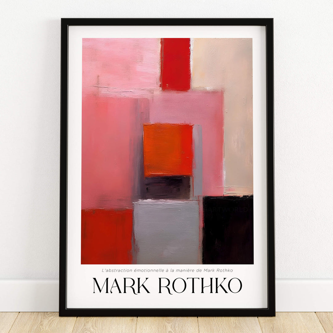 Rothko Inspired Abstract Pink and Red Art Print | Emotional Abstraction Poster framed artwork on a wall.