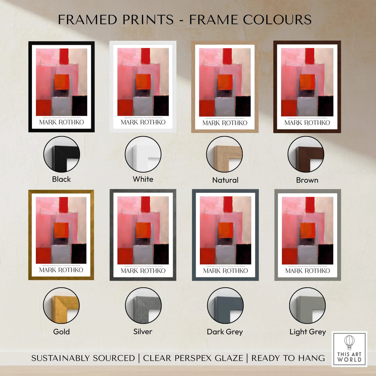 Rothko Inspired Abstract Pink and Red Art Print | Emotional Abstraction Poster framed in various frame colors.