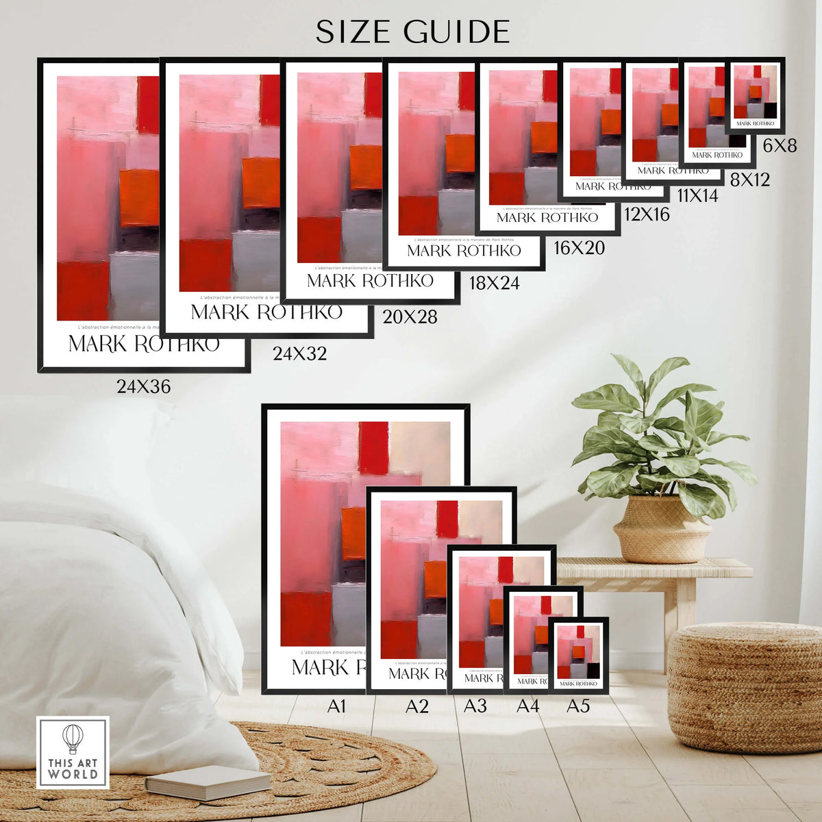 Rothko Inspired Abstract Pink and Red Art Print | Emotional Abstraction Poster size guide in various dimensions.