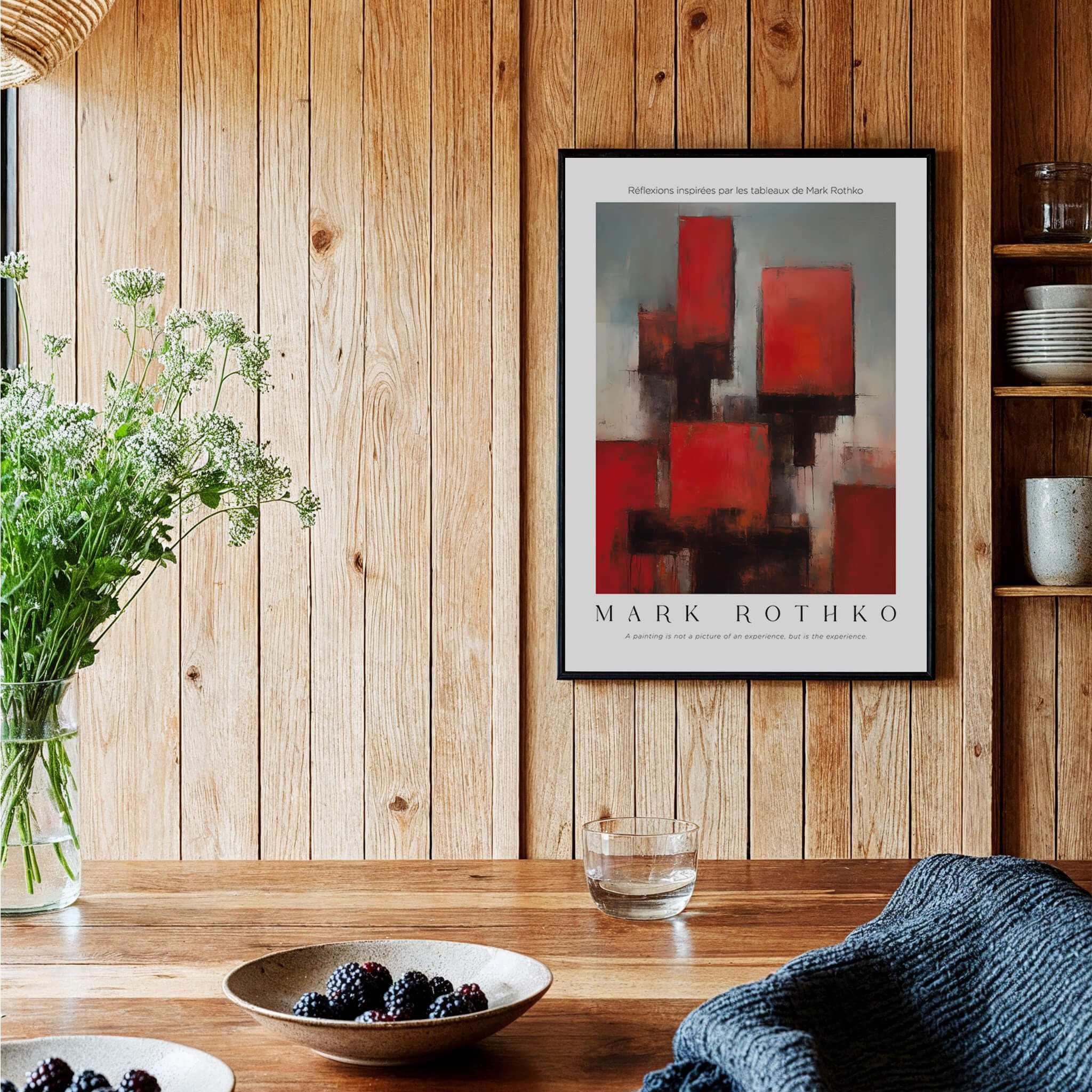 Rothko Style Deep Red Modern Abstraction Print | Contemporary Wall Decor displayed on a wooden wall with plants and tableware.