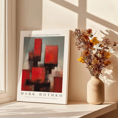 Rothko Style Deep Red Modern Abstraction Print | Contemporary Wall Decor displayed with flowers and sunlight.