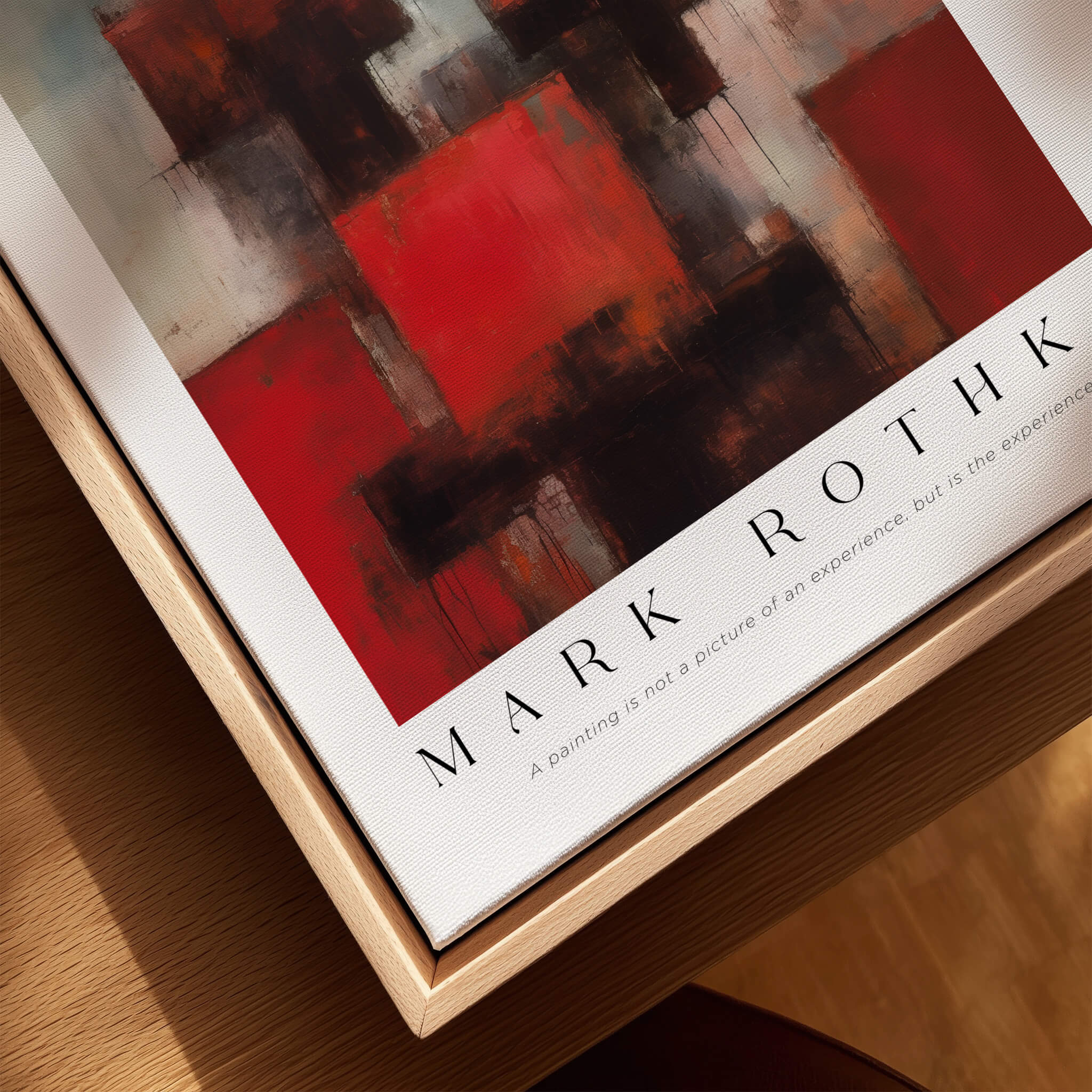 Rothko Style Deep Red Modern Abstraction Print | Contemporary Wall Decor framed on a wooden table.