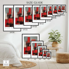 Rothko Style Deep Red Modern Abstraction Print | Contemporary Wall Decor size guide showcasing different print sizes.
