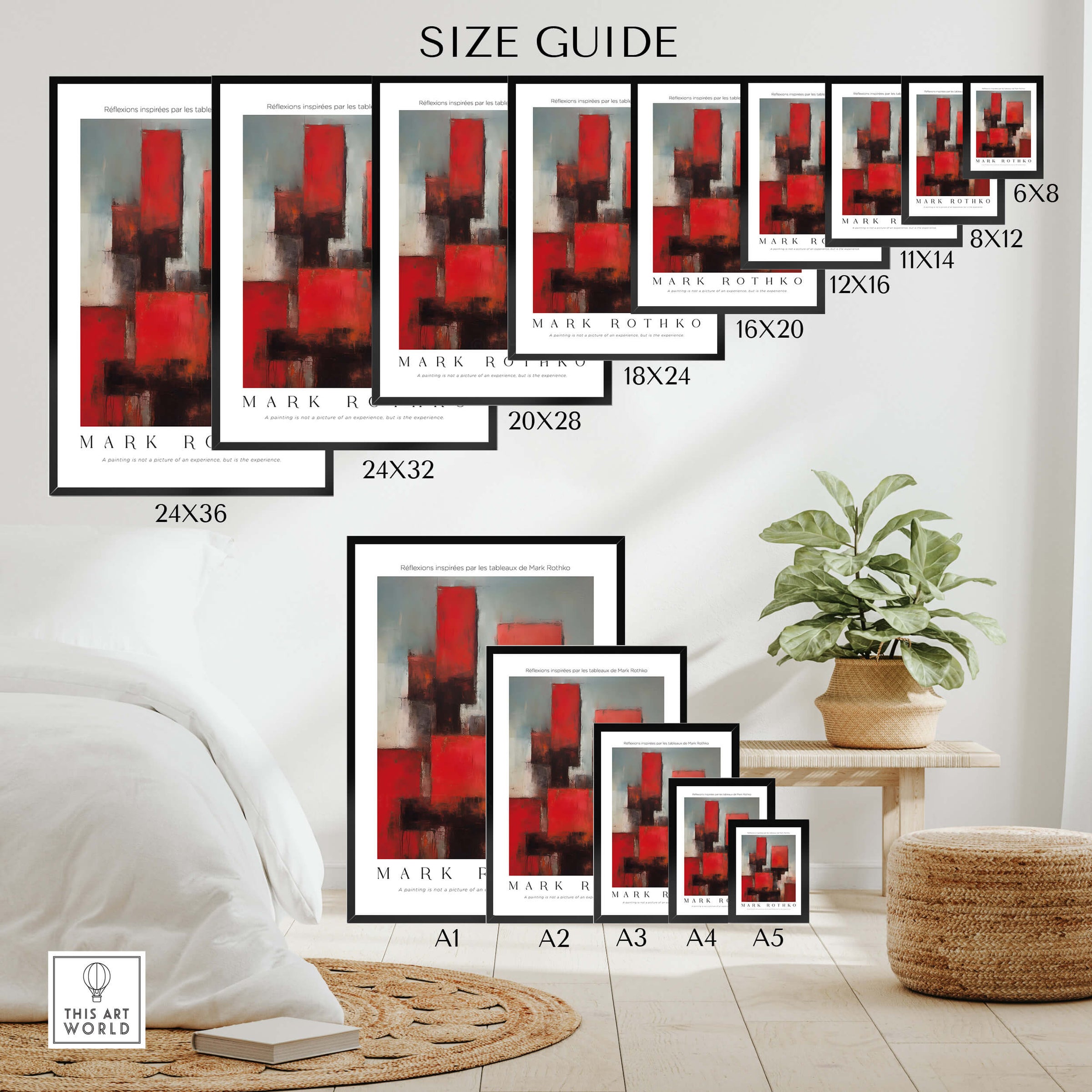 Rothko Style Deep Red Modern Abstraction Print | Contemporary Wall Decor size guide showcasing different print sizes.