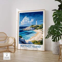 Rottnest Island Australia Poster showcasing stunning beach scenery and vibrant colors in a cozy interior setting.