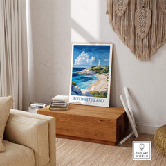 Rottnest Island Australia Poster showcasing vibrant scenery and a lighthouse in a cozy home setting.