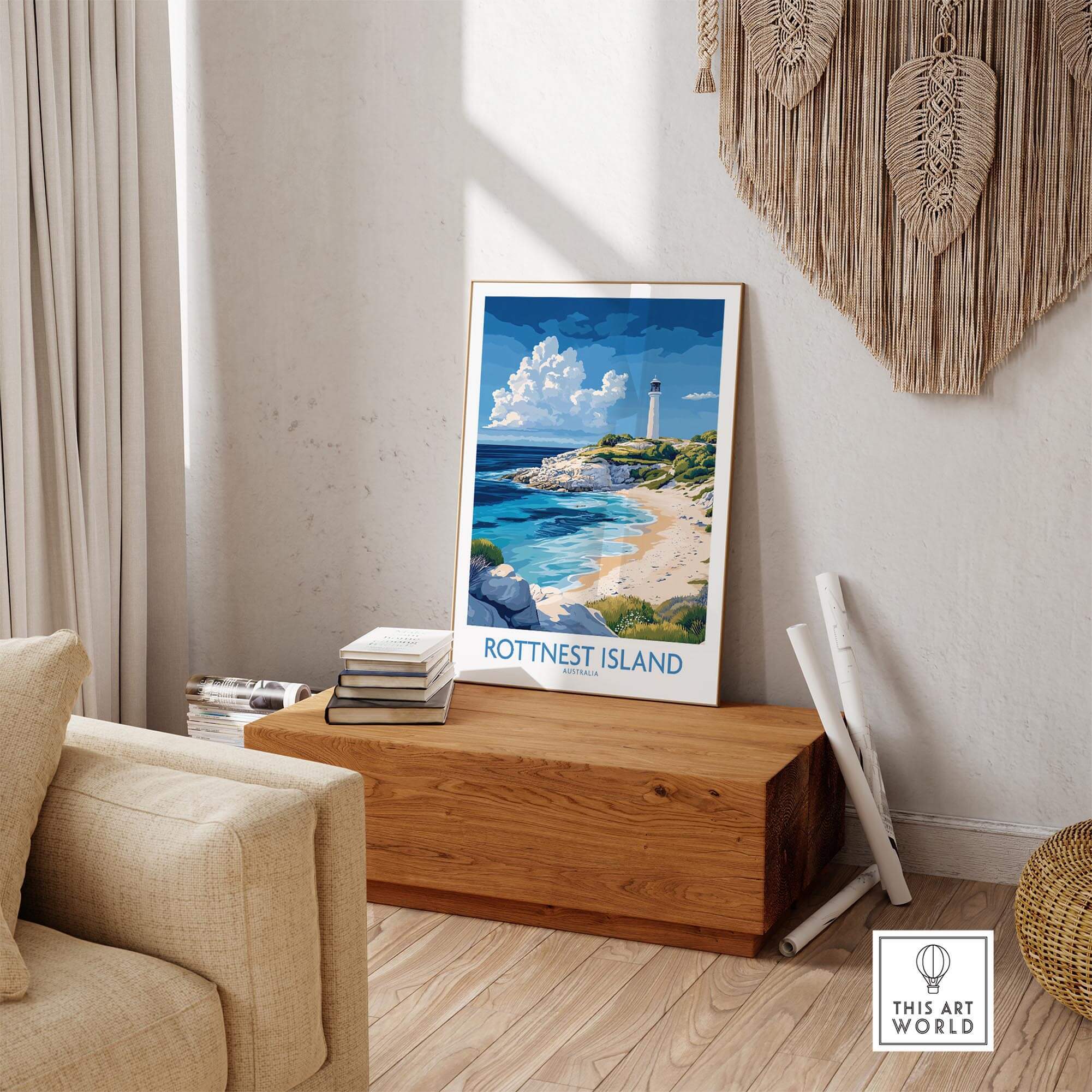 Rottnest Island Australia Poster showcasing vibrant scenery and a lighthouse in a cozy home setting.