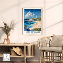 Rottnest Island Australia Poster displayed in a cozy living room setting with natural decor.