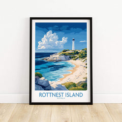 Rottnest Island Australia Poster featuring a scenic lighthouse and beach on Rottnest Island.