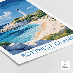 Rottnest Island Australia Poster showcasing vibrant beach scenery with lighthouse and crystal blue waters.