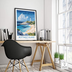 Rottnest Island Australia Poster displayed in a stylish home office with beautiful coastal scenery.