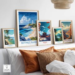 Rottnest Island Australia Poster displayed prominently among travel-themed art prints on a stylish home decor setting.