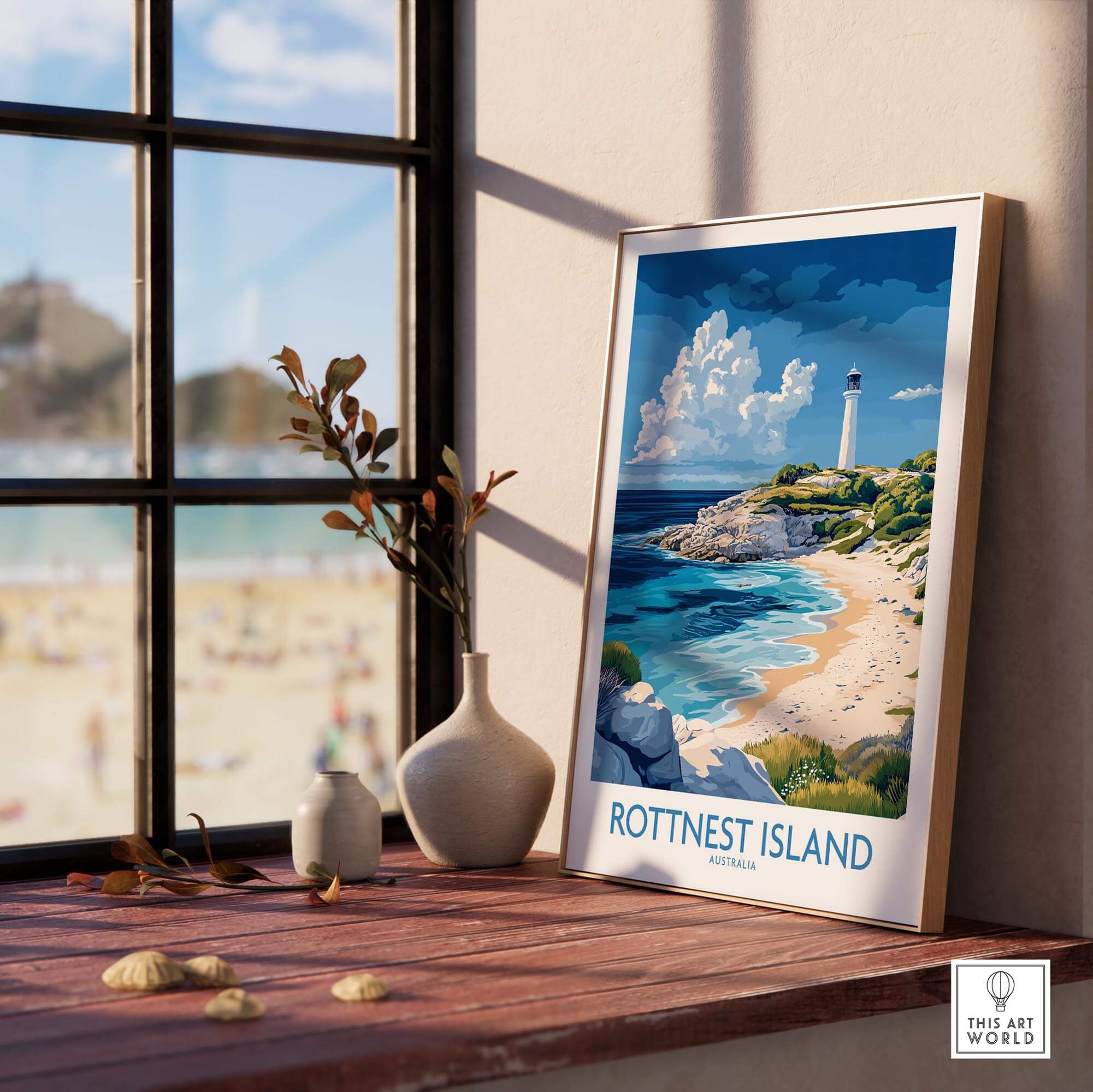 Rottnest Island Australia Poster displayed in a bright room, showcasing the stunning coastal scenery of Rottnest Island.
