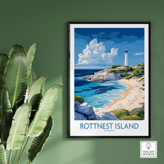 Rottnest Island Australia Poster showcasing vibrant coastal scenery and a lighthouse, perfect for home decor.