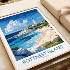 Rottnest Island Australia Poster showcasing vibrant coastal scenery and a lighthouse by the beach.