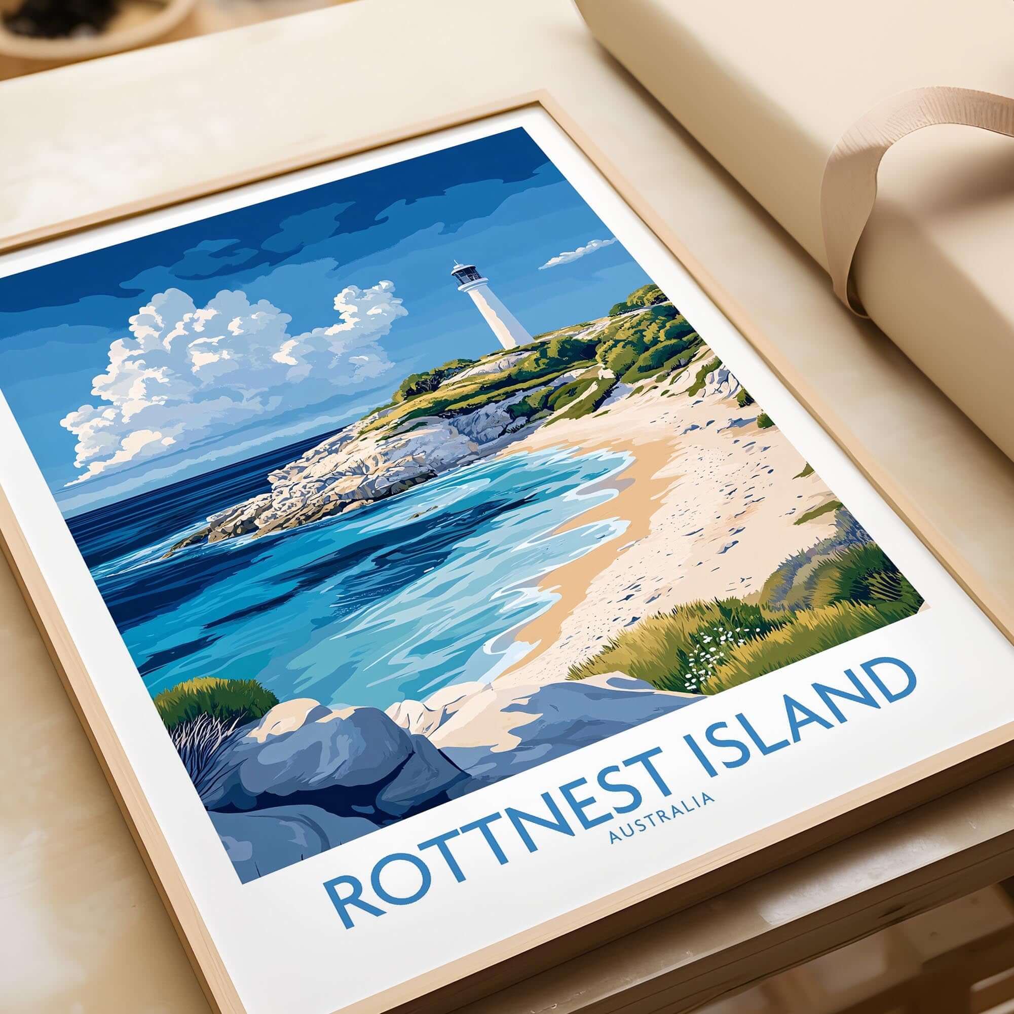 Rottnest Island Australia Poster showcasing vibrant coastal scenery and a lighthouse by the beach.