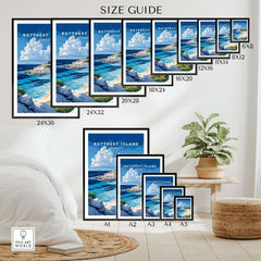 Rottnest Island Poster Australia size guide showing various frame sizes for wall art prints.