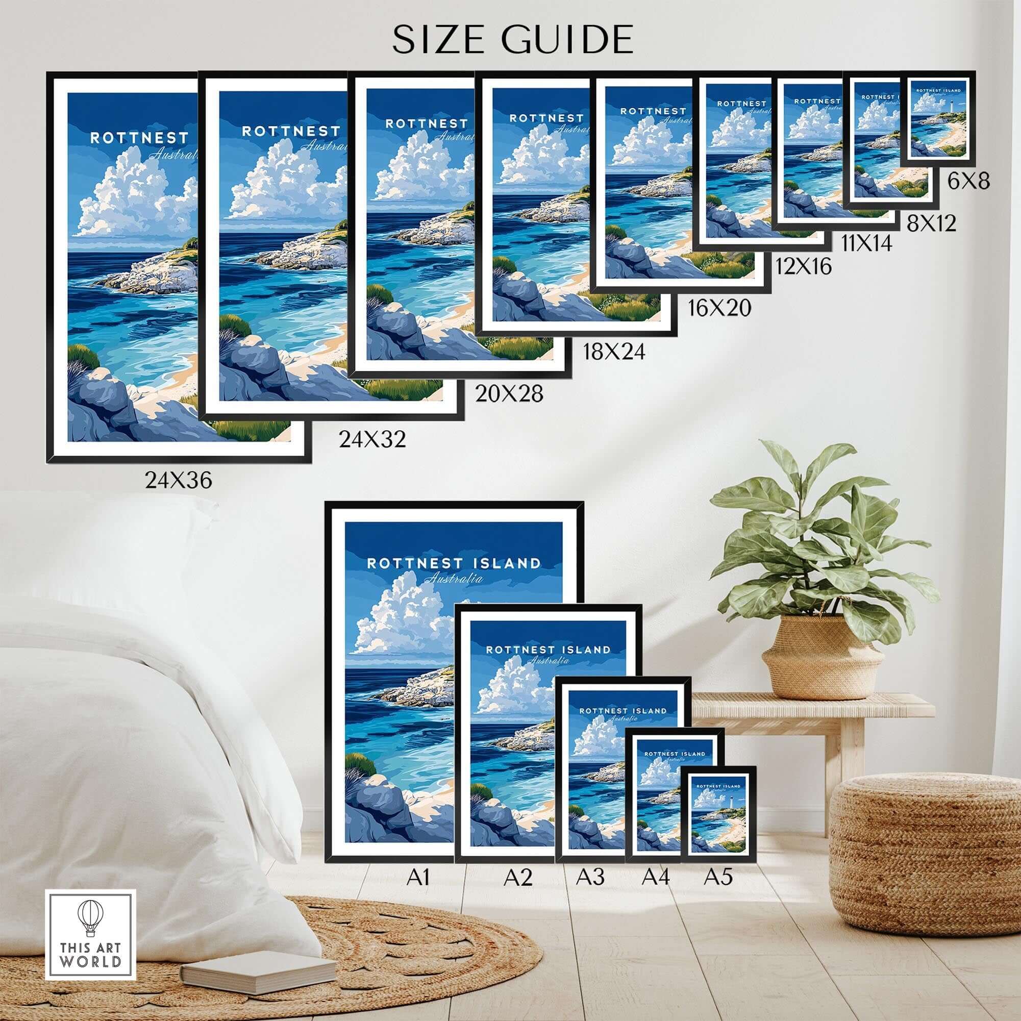 Rottnest Island Poster Australia size guide showing various frame sizes for wall art prints.