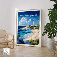 Rottnest Island Poster Australia displayed in a stylish room, showcasing beautiful coastal views and vibrant colors.
