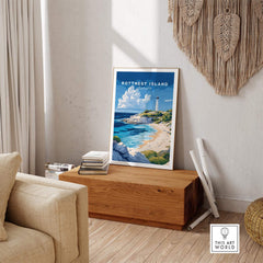 Rottnest Island Poster Australia displayed on a wooden table in a stylish living room, showcasing vibrant coastal views.