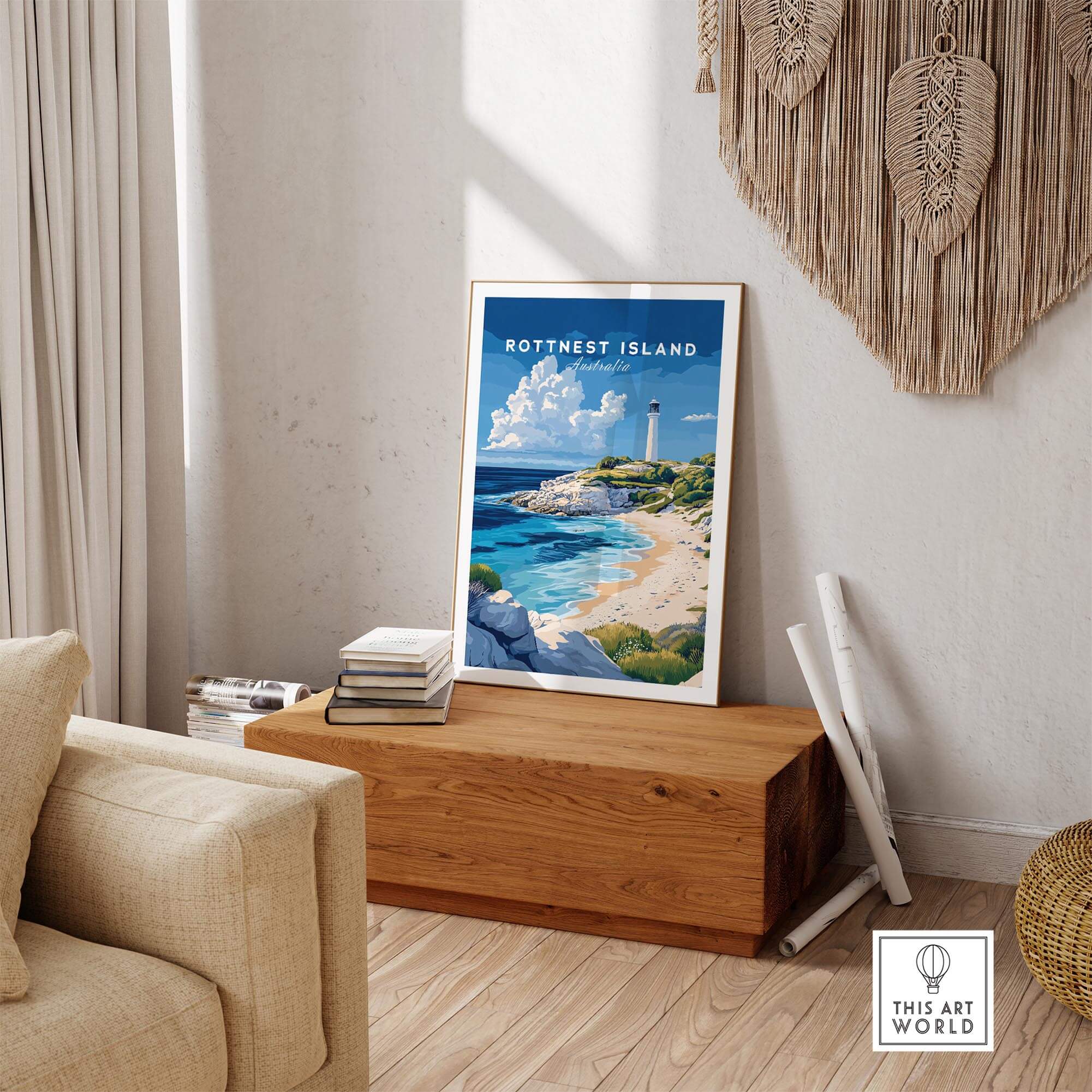 Rottnest Island Poster Australia displayed on a wooden table in a stylish living room, showcasing vibrant coastal views.