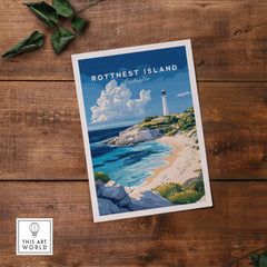 Rottnest Island Poster Australia featuring vibrant coastline and lighthouse design on rustic wooden background.
