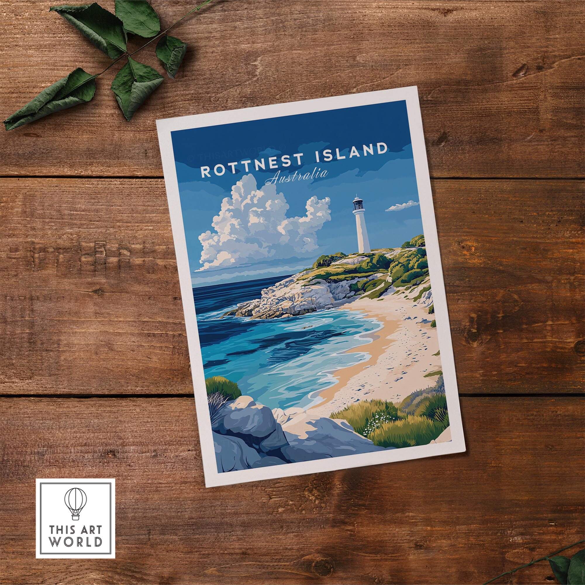 Rottnest Island Poster Australia featuring vibrant coastline and lighthouse design on rustic wooden background.
