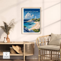 Rottnest Island Poster Australia displayed in a stylish living room setting with beach and lighthouse view.