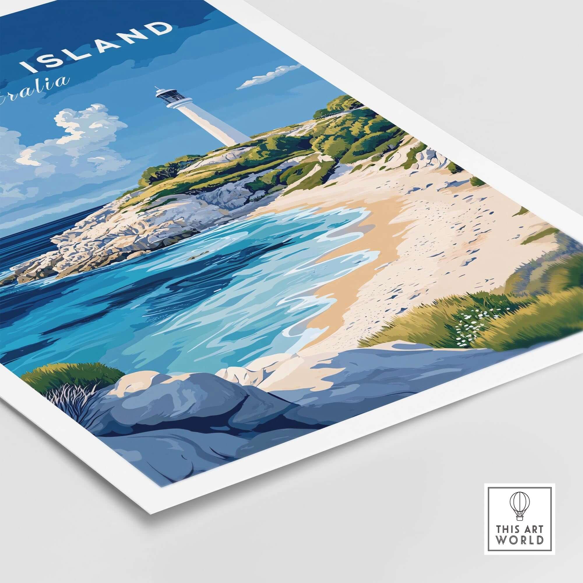Rottnest Island Poster Australia showcasing vibrant beach views and a lighthouse.